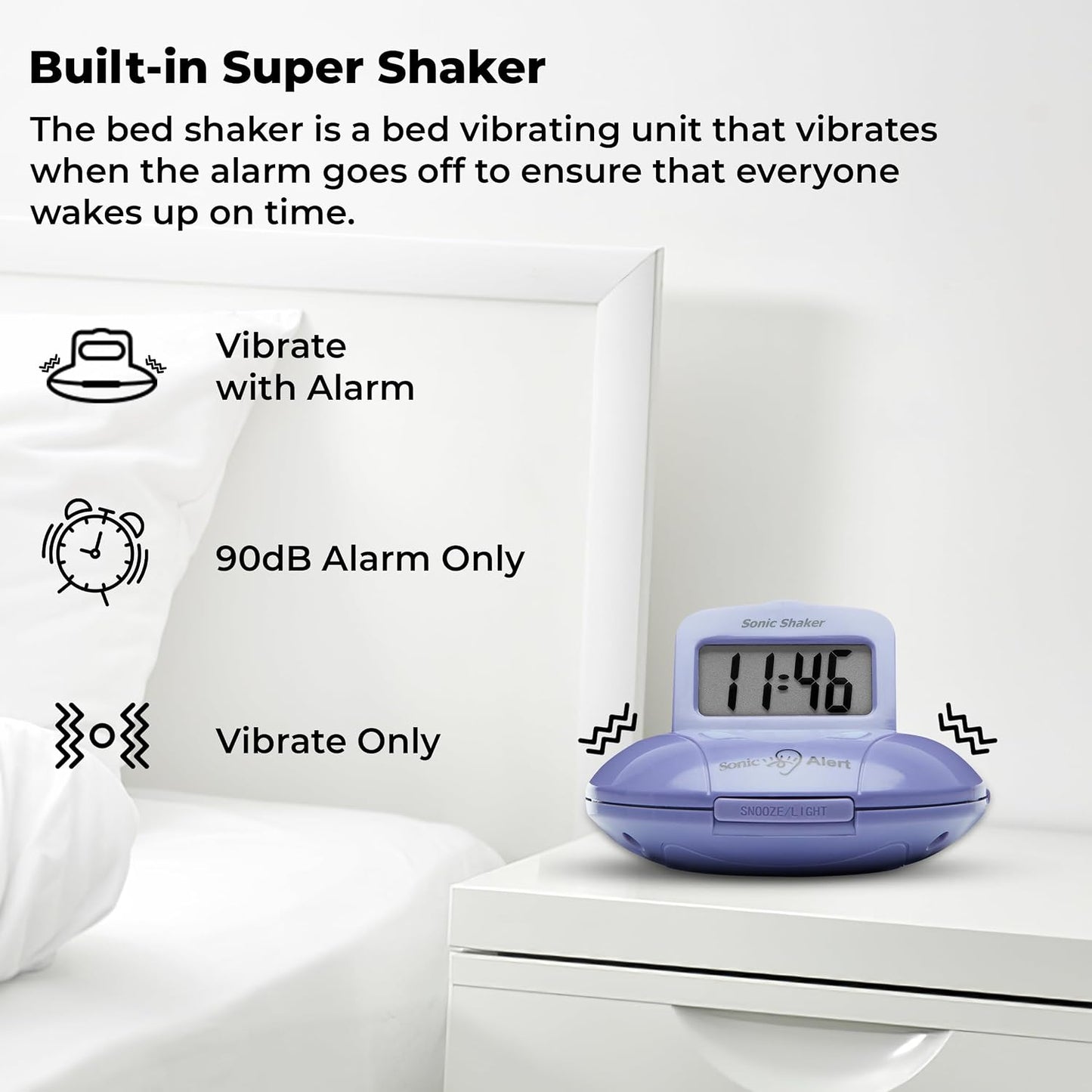 Sonic Alert Digital Alarm Clock - Small Travel Clocks for Heavy Sleepers - Battery Operated with Vibrating Bed Shaker - Purple