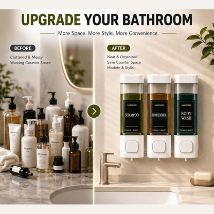 Shampoo and Conditioner Dispenser, Shower Soap Dispenser Wall Mounted, Shower Dispenser 3 Chamber No Drill for Bathroom Large Capacity (Silver)