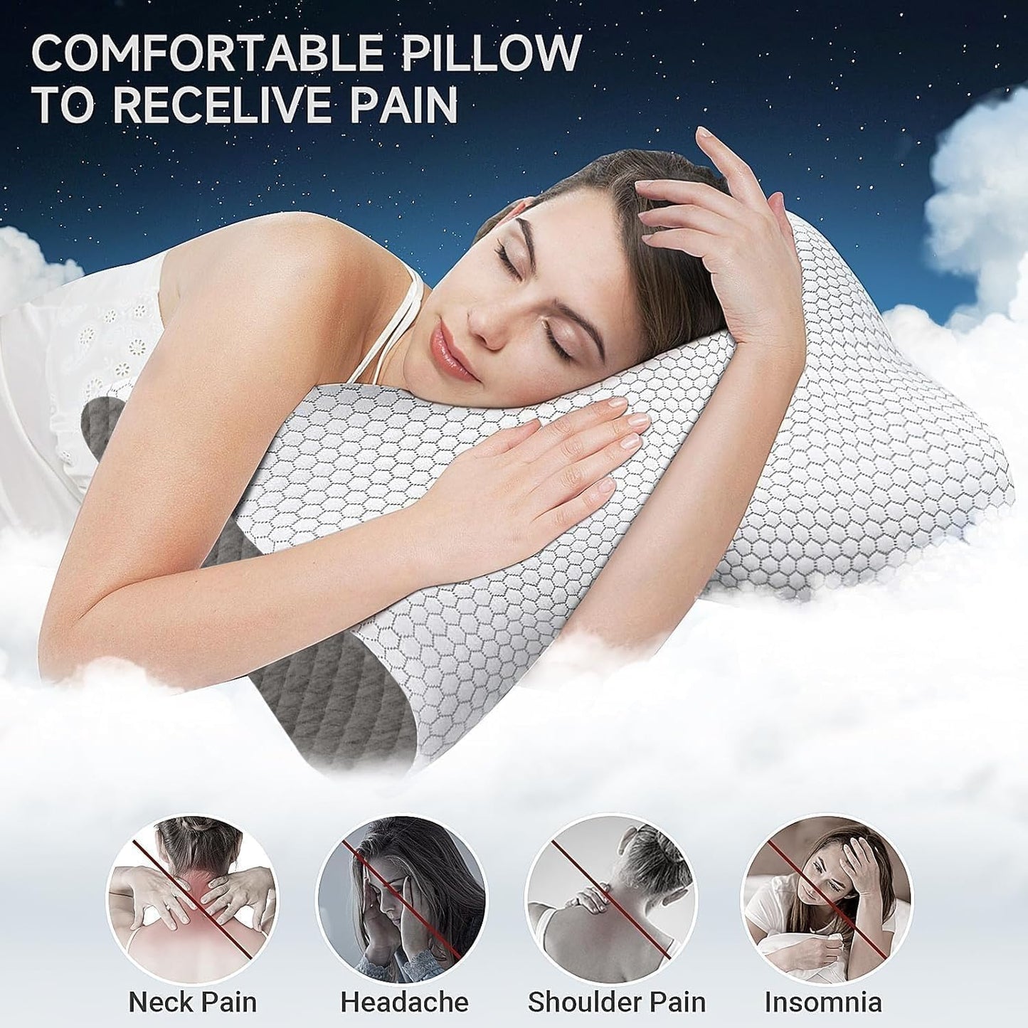 Neck Pillow for Sleeping, Ergonomic Cervical Bed Pillow, Blue Standard Size | Memory Foam Bed Pillow for Side Back Stomach Sleepers, Contour Fit Neck Pillow for Sleeping and Neck Pain Relief