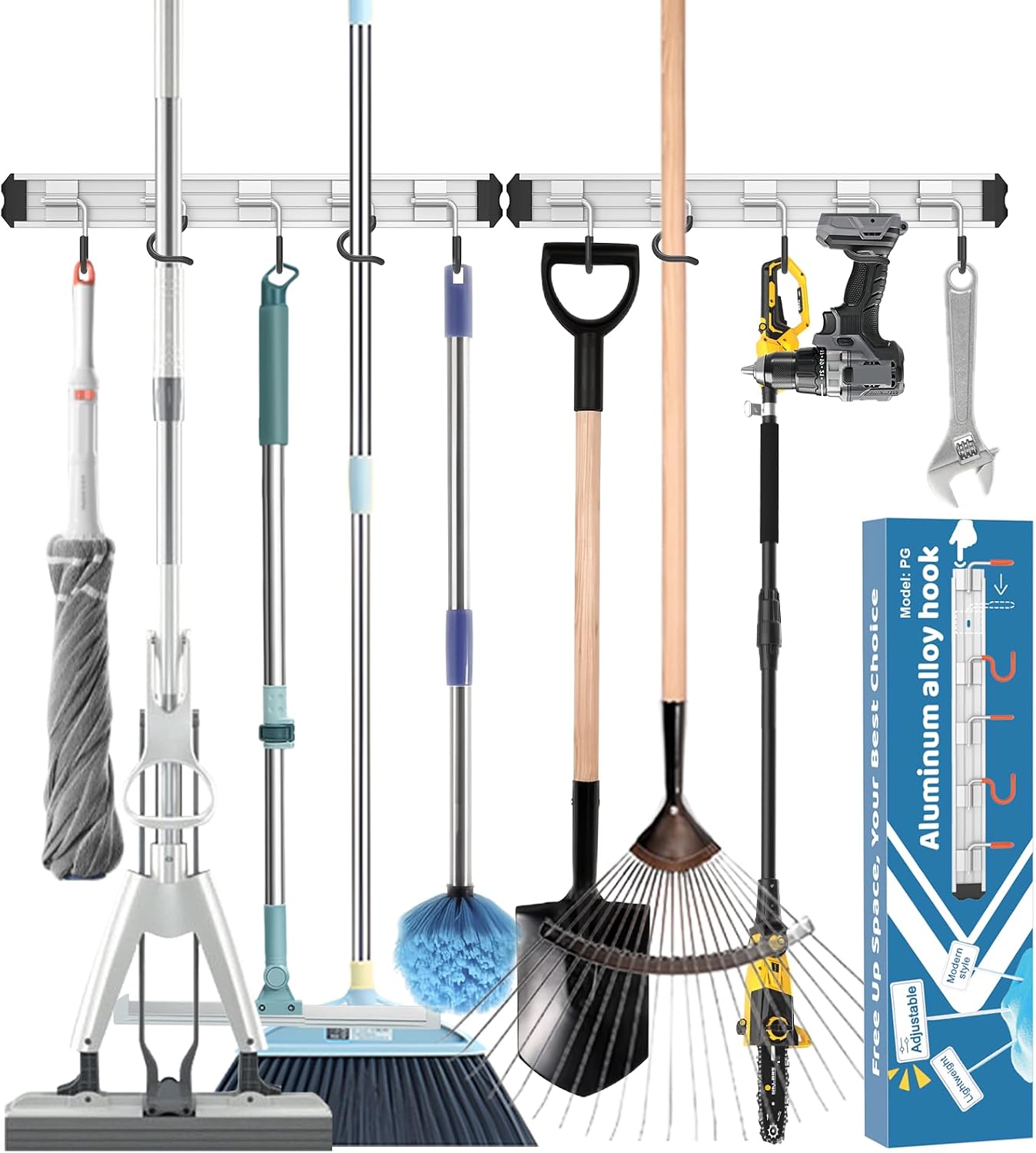 Mop and Broom Holder Wall Mount Garden Tool Rack Organizer | Modern Style, Movable Aluminum Alloy Wall Mounted Hook, Storage Gift for Bathroom, Closet, Laundry Room, Garage, Tool Room