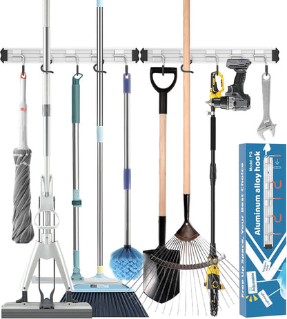 Mop and Broom Holder Wall Mount Garden Tool Rack Organizer | Modern Style, Movable Aluminum Alloy Wall Mounted Hook, Storage Gift for Bathroom, Closet, Laundry Room, Garage, Tool Room