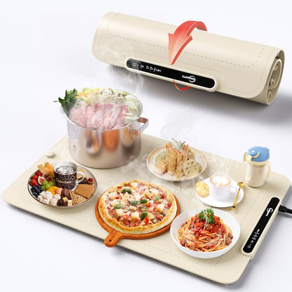 Food Warming Mat - Electric Warming Tray,Tempmaster Adjustable Warming Tray,Elevated Feet Protects Table, Roll-Up Buffet Hot Plates Heat Pad, Portable Food Warmer for Parties and Travel (Beige)