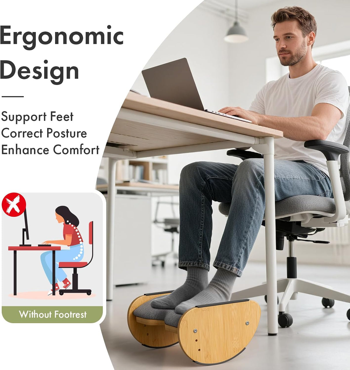 Amazer Bamboo Foot Rest for Under Desk at Work, 2-in-1 Reversible Rocking Footrest Adjustable Foot Stool, Ergonomic Footrest for Under Gaming Desk, Feet Support Leg Footstools for Home Office