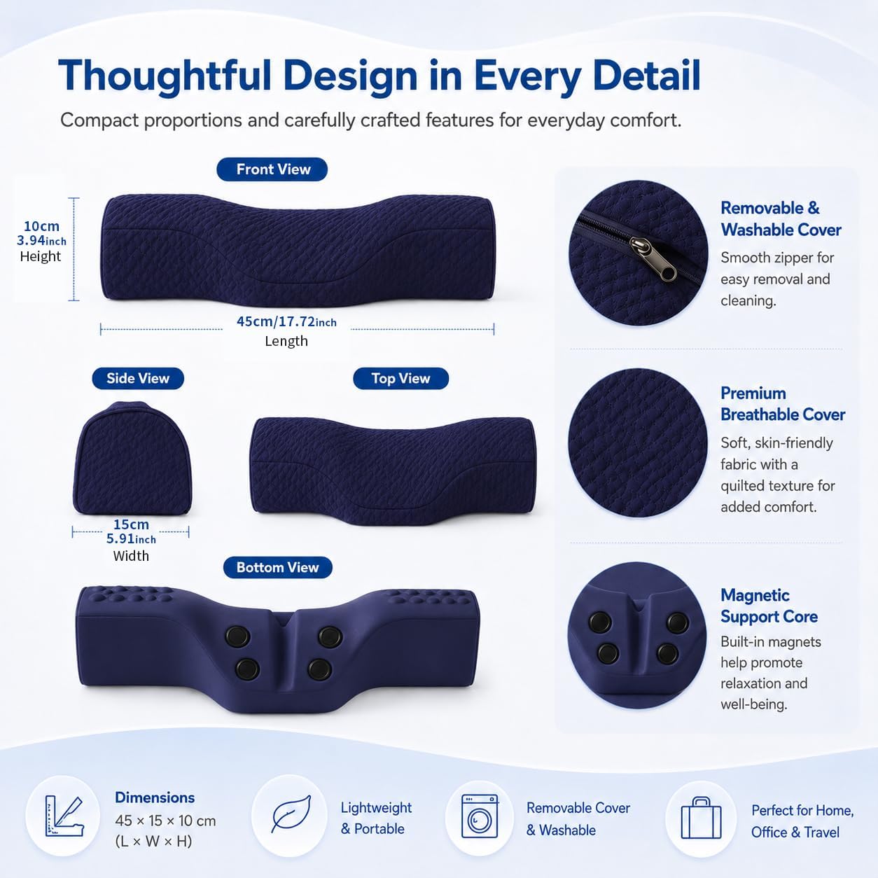 Cervical Neck Pillow, Memory Foam Neck Bolster for Sleeping, Washable Cover | polyester cover, slow rebound foam, magnet filling, raised dot texture, removable washable case, bed office chair travel