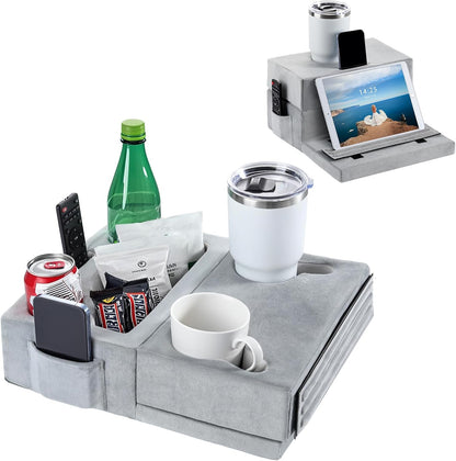 Luxspire Couch Cup Holder, Couch Caddy, 4 Holes, Gray | Couch Cup Holder Pillow Side Pocket and Handle, Couch Caddy Pillow for Phone/Drinks/Remote Control/Snacks