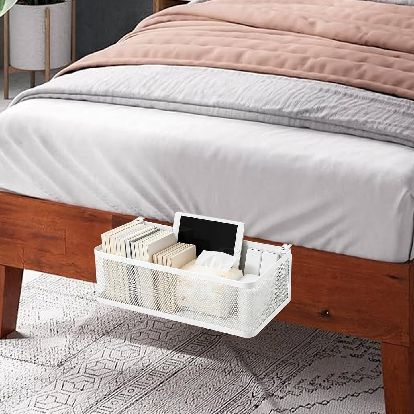 Bedside Caddy Shelf for Bunk Bed - Large Capacity Bed Caddy Organizer with Hooks for Office Cubicle Walls, Dorm Room Essentials, White, 14x5x4 Inch