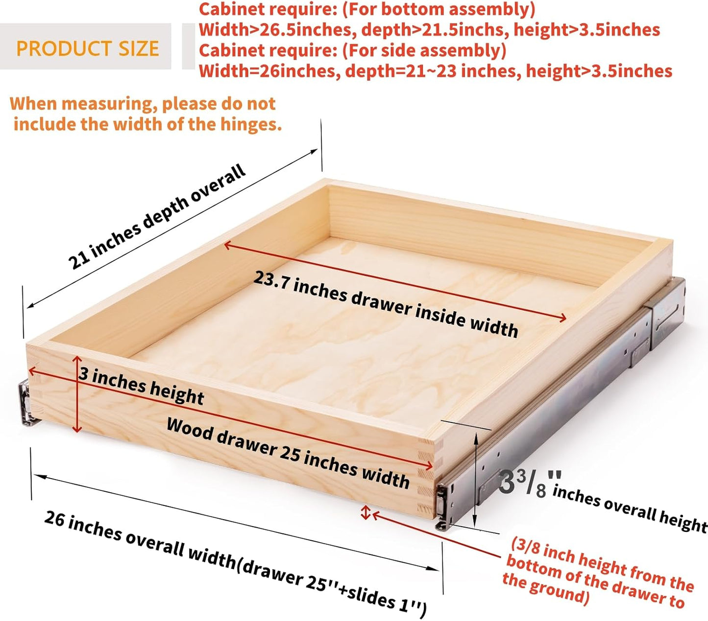 32''W x 21''D x 3''H Pull Out Cabinet Drawer Soft Close Slide Out Wood Organizer for Kitchen, Finished, Bottom and Side Assembly (Wood Drawer Part Width is 31inch)