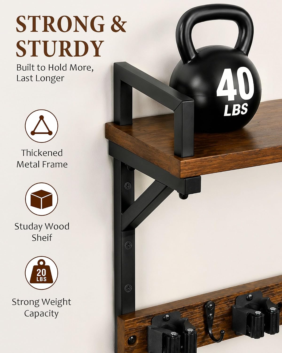 Lorbro Broom Holder Wall Mount with Cleaning Supplies Storage, Heavy Duty | 3 in 1 Broom and Mop Organizer Wall Hanging, Wooden Mop Organizer Hanger, Storage Shelves for Laundry Room, Garage
