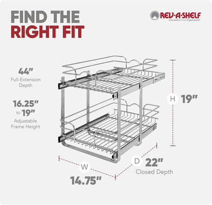 Rev-A-Shelf Pullout Organizer for Cabinets, Min Opening Width of 18" | STwo-Tier Steel Shelf for Kitchen or Vanity Cabinet Organization, Heavy Gauge Wire Slide Out Storage Basket, 5WB2-1822CR-1