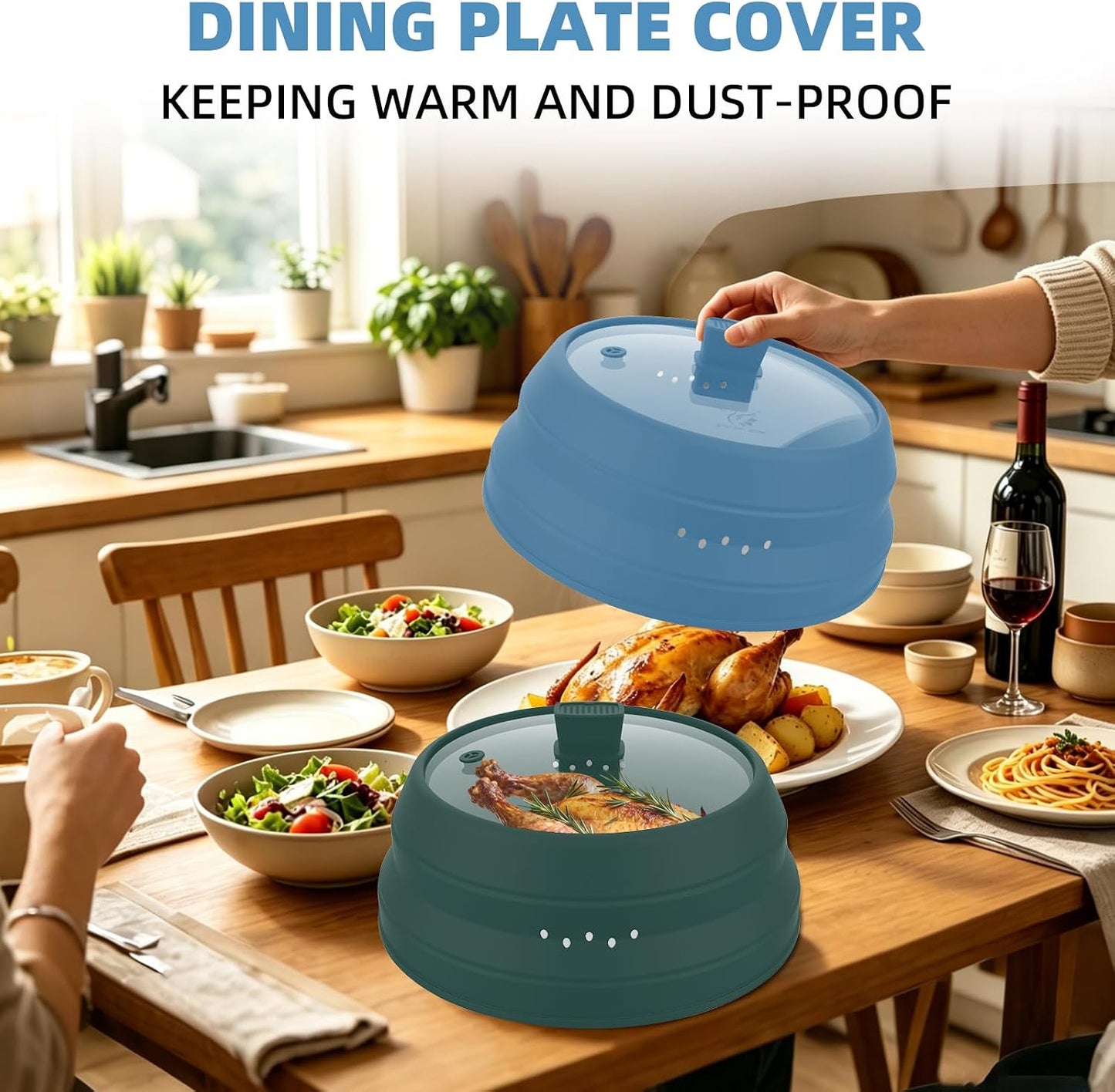 Microwave Splatter Cover Glass Guard Lid with Collapsible Silicone for Food Pot Plate Cover 9.8 inch Dark Blue