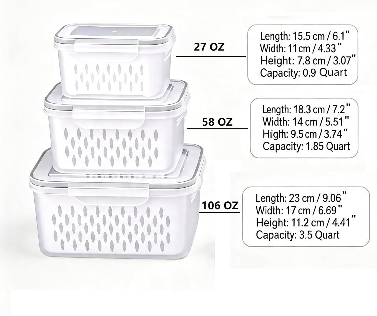 6 Packs Large Fruit Containers, Fridge Organizer Bins | Plastic Airtight Food Storage Containers with Removable Colander for Berries, Fruits, Vegetables, Salad