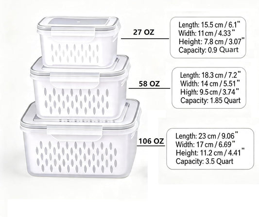 6 Packs Large Fruit Containers, Fridge Organizer Bins | Plastic Airtight Food Storage Containers with Removable Colander for Berries, Fruits, Vegetables, Salad