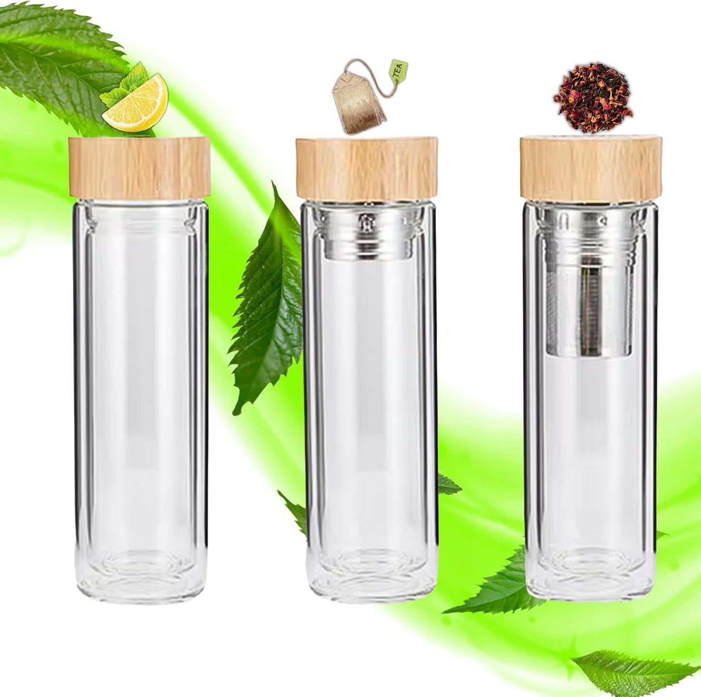 15oz Double Wall Glass Water Bottle with Bamboo Lid and Tea Infuser – Insulated, Leak-Proof, and Eco-Friendly Travel Tea Mug with Filter for Hot or Cold Beverages | Built-In Filter, Leak-Proof Double-Wall Glass, Loose-Leaf Tea, Fruit-Infused Water,