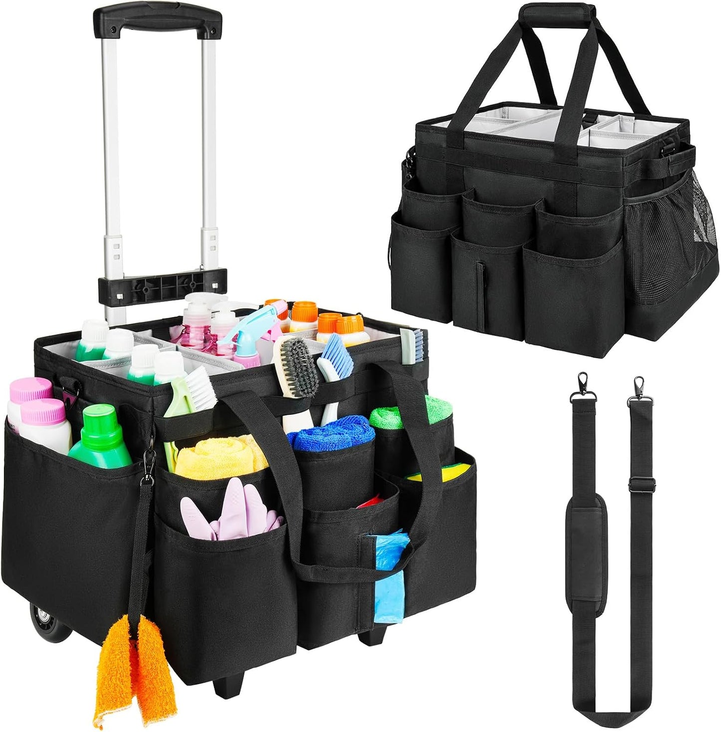 Large Rolling Cleaning Caddy Bag with Detachable Trolley,Cleaning Cart on Wheels with Shoulder Strap,Cleaning Supplies Organizer for Housekeepers,Purple
