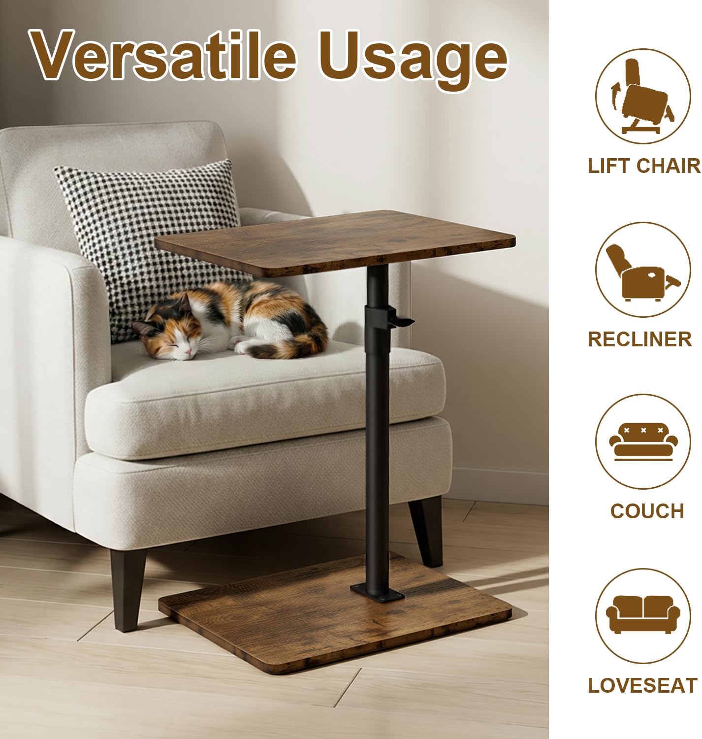 YUHFERA Sofa Armrest Tray Table for Couch - 360° Swivel Height Adjustable End for Small Spaces, Snack Side Table for Bed or Chair with Phone & Tablet Slot (Rustic,Standard)