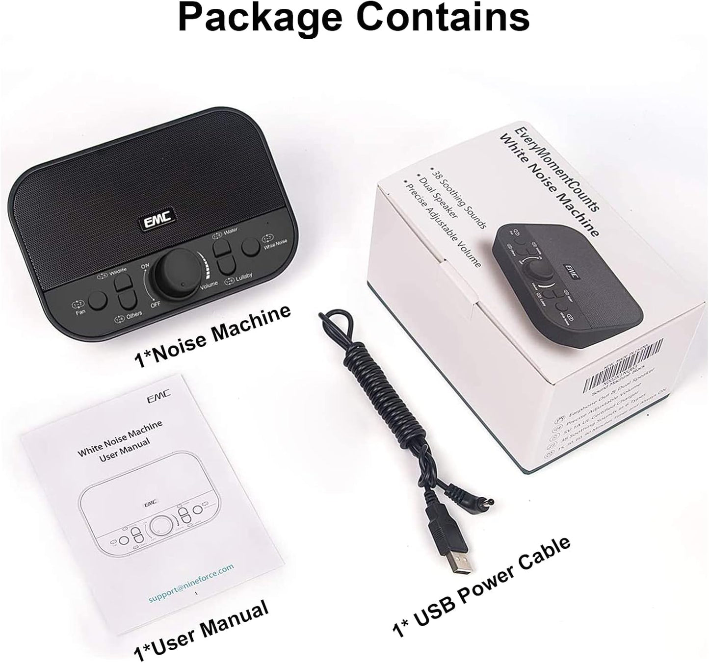 White Noise Machine for Baby & Adults – 38 Non-Looping Sounds, Dual Speakers + Headphone Jack, 15/30/60/90 Min Timer & Memory – USB Powered Sleep Sound Machine for Nursery & Office, Black