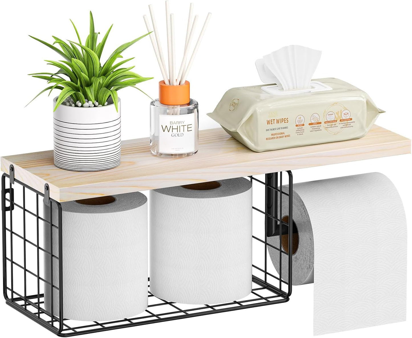 VITVITI Toilet Paper Holder with Shelf, Wall Mounted Storage Basket, Brown | Farmhouse Wall Mount Toilet Paper Holder Shelves, Wood Metal Toilet Roll Wipes Holder for Bathroom