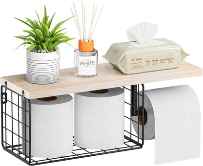 VITVITI Toilet Paper Holder with Shelf, Wall Mounted Storage Basket, Brown | Farmhouse Wall Mount Toilet Paper Holder Shelves, Wood Metal Toilet Roll Wipes Holder for Bathroom