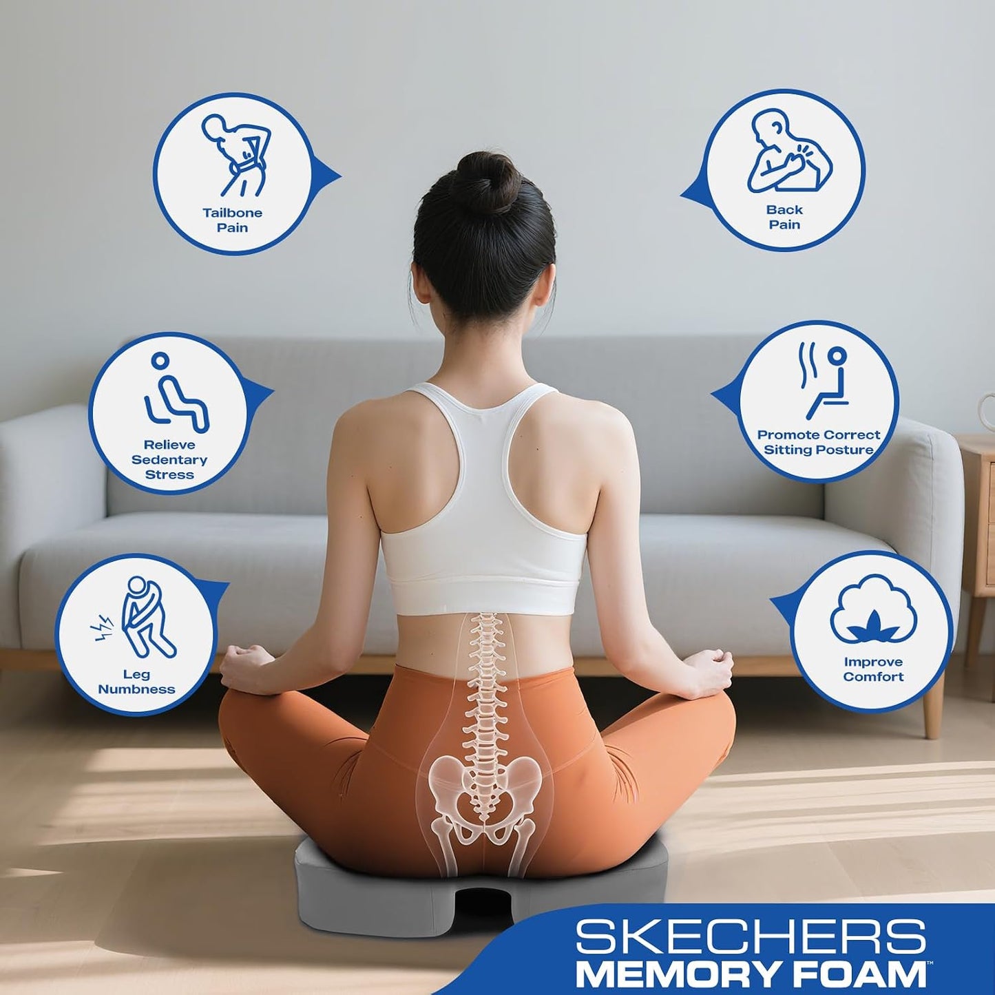 Skechers Seat Cushion, Ergonomic Memory Foam Cushion for Long Sitting Hours on Office & Home Chair, Car Seat Cushion for Sciatica, Coccyx Cushion,Brown