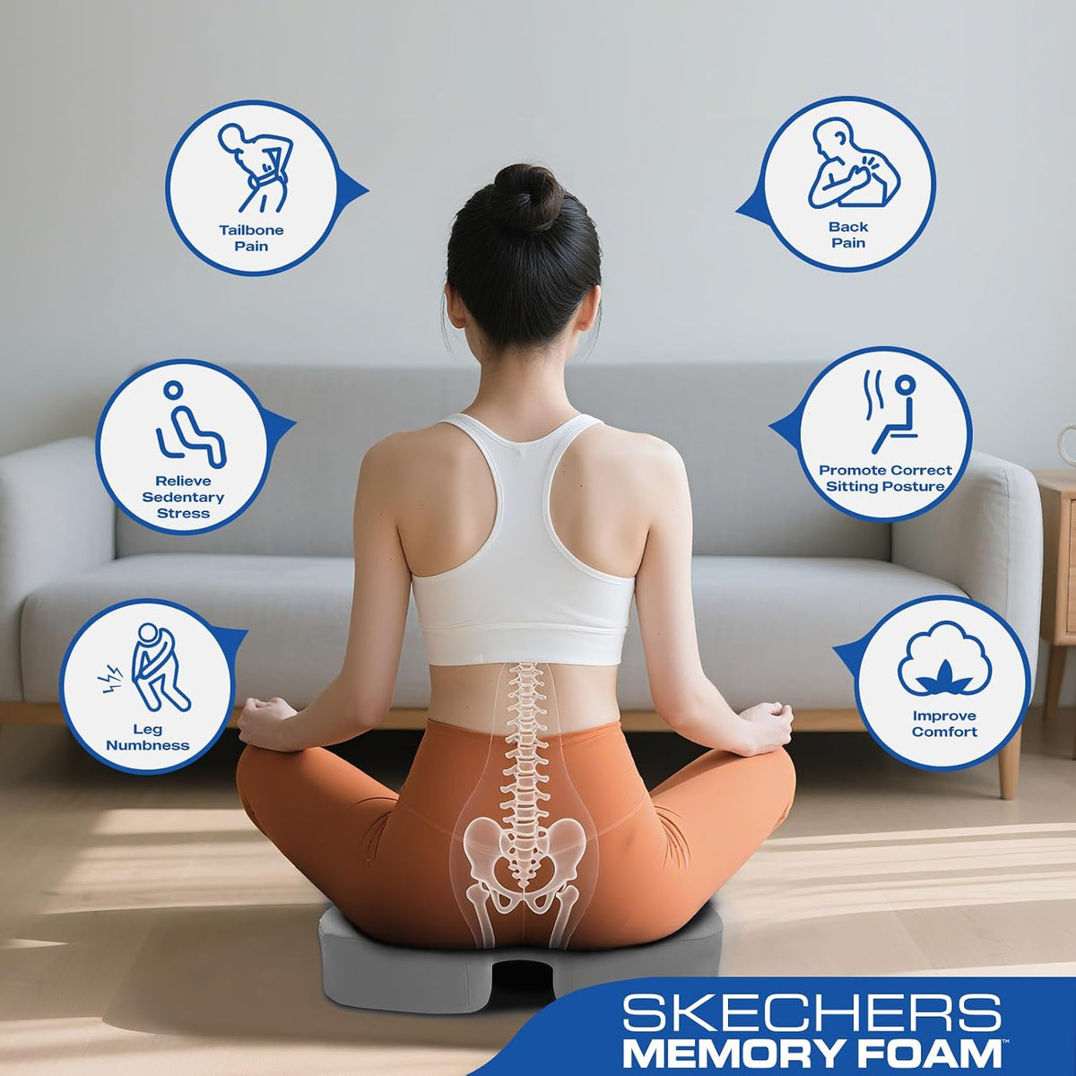 Skechers Seat Cushion, Ergonomic Memory Foam Cushion for Long Sitting Hours on Office & Home Chair, Car Seat Cushion for Sciatica, Coccyx Cushion,Brown