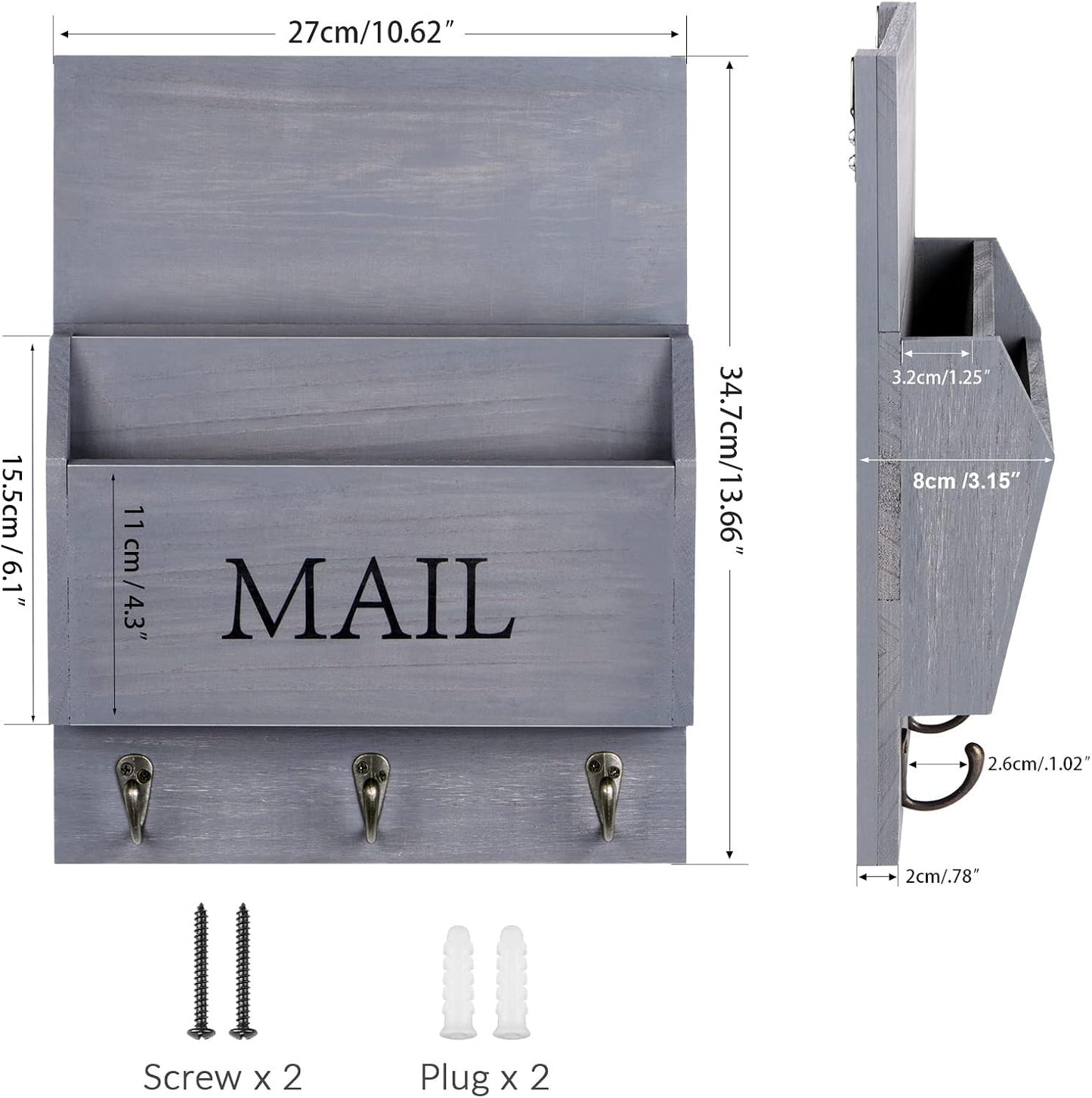 DLQuarts Solid Wood Mail Organizer with Key Holder for Wall, Mail Sorter Wall Mounted, Decorative Wooden Key and Mail Holder with 3 Hooks, White