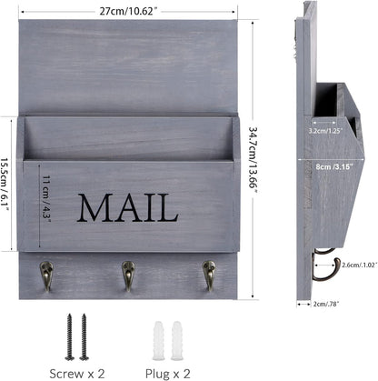 DLQuarts Solid Wood Mail Organizer with Key Holder for Wall, Mail Sorter Wall Mounted, Decorative Wooden Key and Mail Holder with 3 Hooks, White