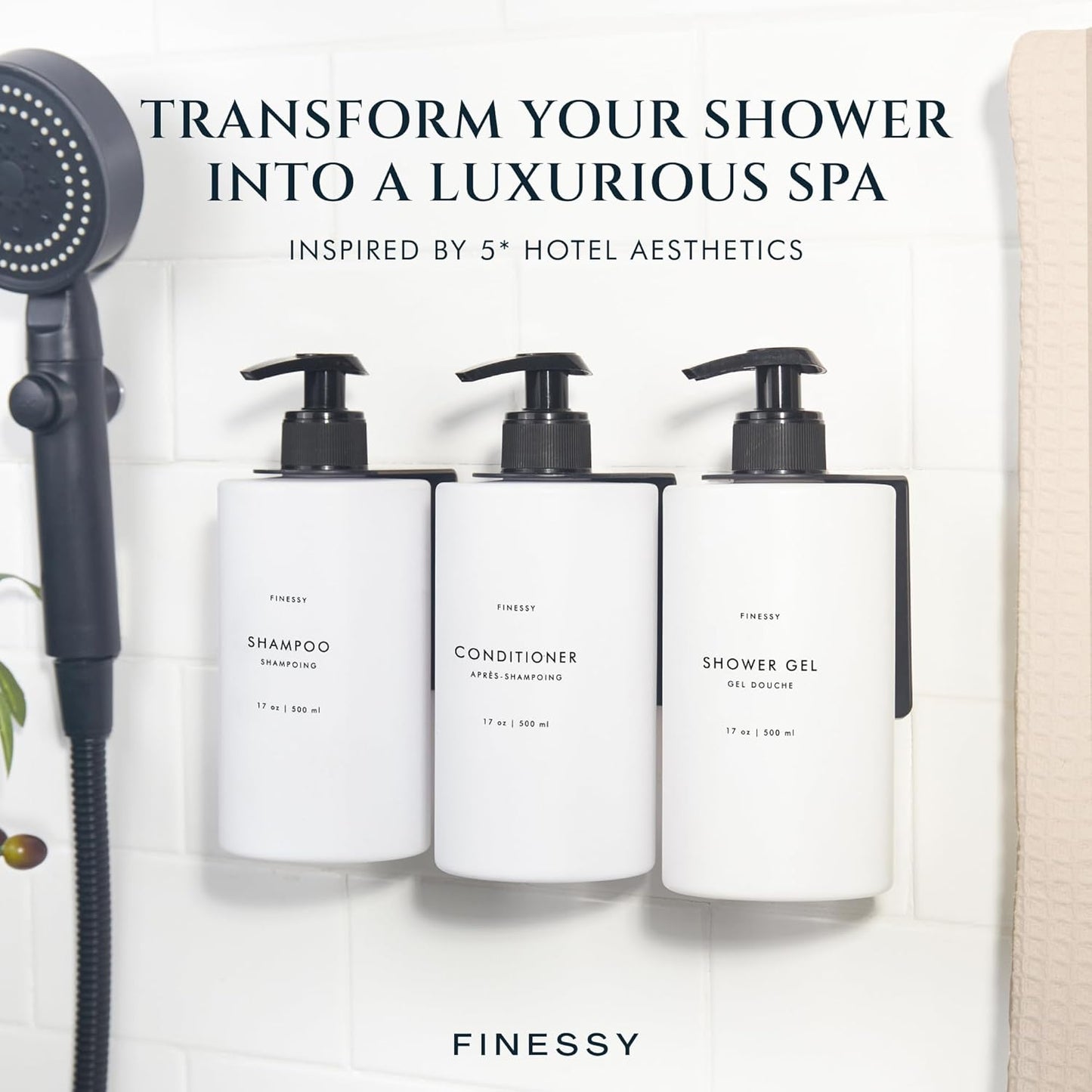 FINESSY Amber Shampoo and Conditioner Dispenser for Shower Wall No Drill | 3 Plastic 17oz Fillable Shower Bottles With Labels. Shower Shampoo Dispenser Wall Mounted. Airbnb Empty Soap Pump Bottles.