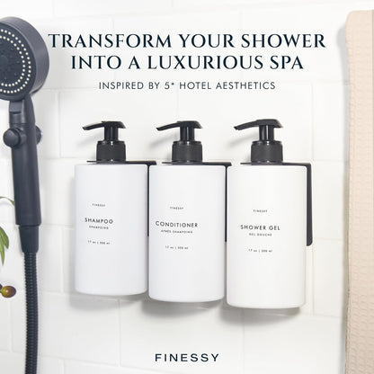 FINESSY Amber Shampoo and Conditioner Dispenser for Shower Wall No Drill | 3 Plastic 17oz Fillable Shower Bottles With Labels. Shower Shampoo Dispenser Wall Mounted. Airbnb Empty Soap Pump Bottles.