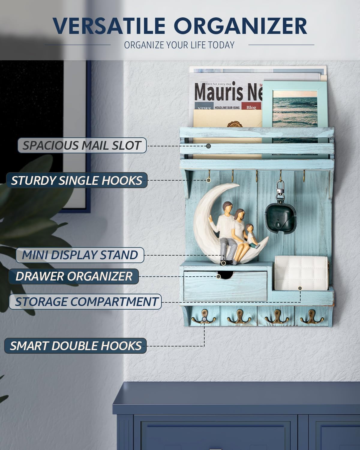 Rebee Vision Key Holder Wall Mount with Drawer Organizer for Entryway,Brown | Pine Wood, 6 Key Hooks, Display Shelf for Plants, Mail Slot for Storage Letter, Multi-Funtional Design, Home Storage