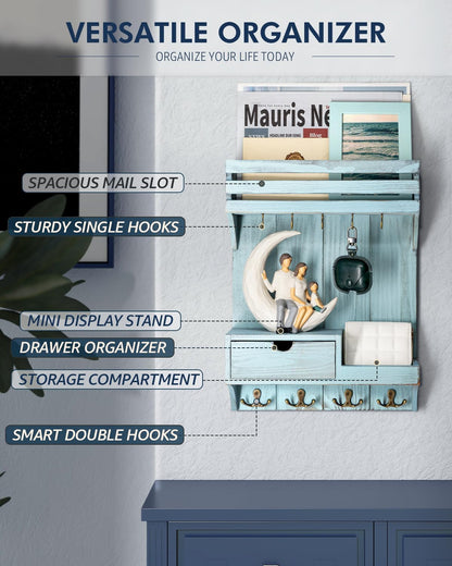 Rebee Vision Key Holder Wall Mount with Drawer Organizer for Entryway,Brown | Pine Wood, 6 Key Hooks, Display Shelf for Plants, Mail Slot for Storage Letter, Multi-Funtional Design, Home Storage