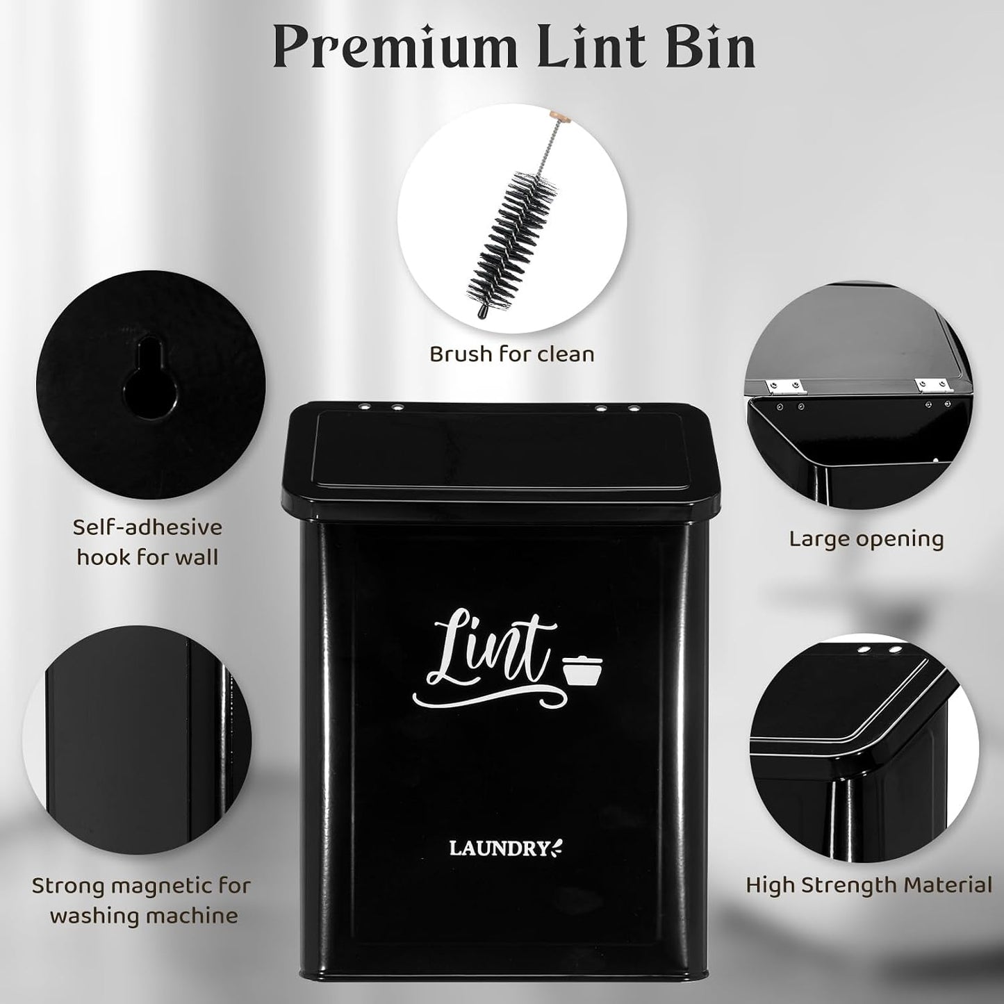 Magnetic Lint Bin for Laundry Room with Brush & Hook - Large Laundry Organizer and Storage, Wall Mounted Trash Can with Lid, Space-Saving Dryer Lint Holder Laundry Room Decor, Black