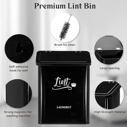 Magnetic Lint Bin for Laundry Room with Brush & Hook - Large Laundry Organizer and Storage, Wall Mounted Trash Can with Lid, Space-Saving Dryer Lint Holder Laundry Room Decor, Black