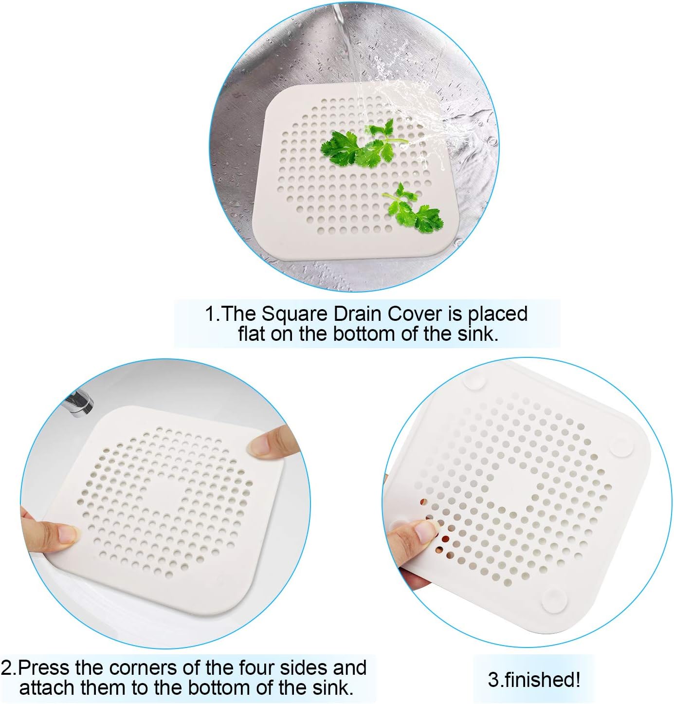 Square Drain Cover for Shower 5.7-inch TPR Drain Hair Catcher Flat Silicone Plug for Bathroom and Kitchen Filter Shower Drain Protection Flat Strainer Stopper with Suction Cups 2 Pack (Grey)
