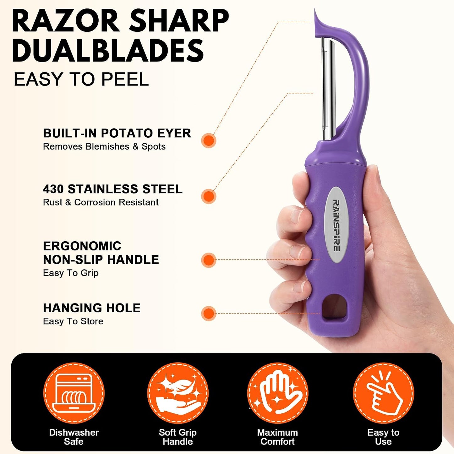 Rainspire Vegetable Peeler Potato Peelers for Kitchen, Sharp Stainless Steel Blades Veggie, Comfortable Handle Fruit Peeler, Carrot Peeler Apple Peeler Dishwasher Safe Black, 1-Pack