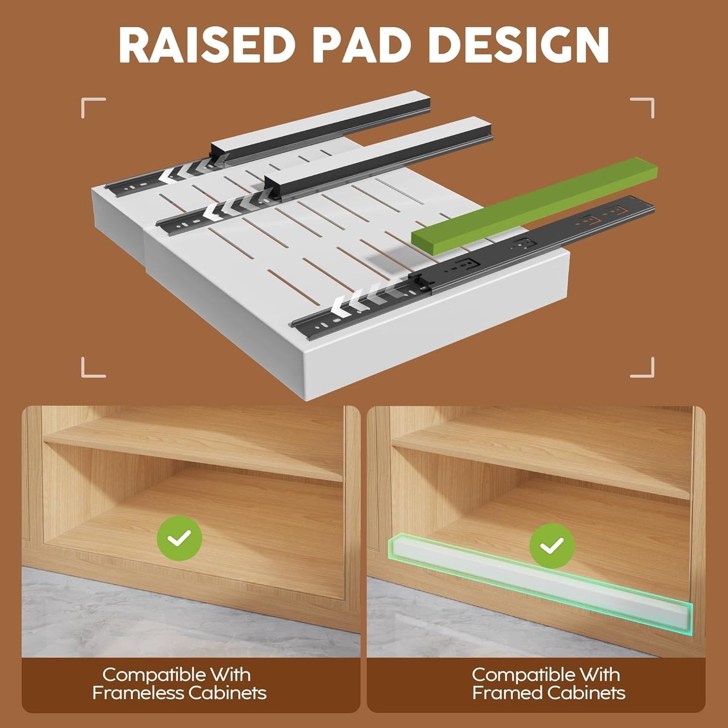 Seinloes 2Pack Expandable Pull Out Cabinet Organizer 21"Deep With Raising Pad for Framed Cabinets, Upgrade 3 Slide Rails Slide Out Drawers, Roll Out Shelves Adhesive,Adjustable Width 12.05"-20.4"White
