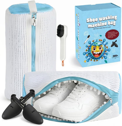 Shoe Washing Machine Bag with Brush & Trees Reusable Laundry Shoe Bag Set | 2pc Reusable Sneaker Washing Bag Kit with Zip Protection shoe cleaning bag 3k chenille material 360 deep Clean Shoe Wash Bags