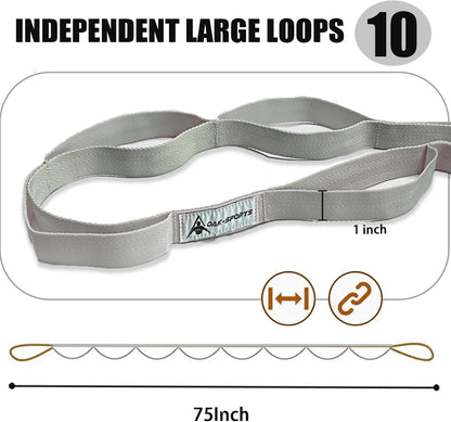 Stretching Strap Yoga Strap with Loops for Physical Therapy, Non-Elastic | 10 Loops, 75 inches length, Multi-Color Selection for Yoga Strap for Stretching, Pilates, Dance and Gymnastics