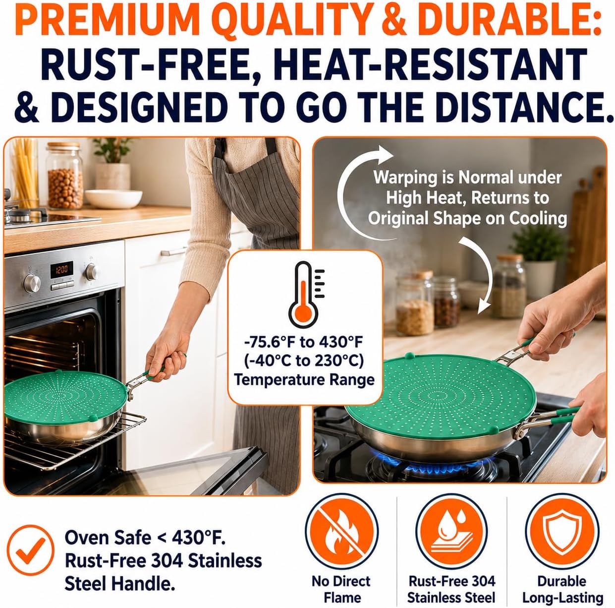 Silicone Splatter Screen for Frying Pan, 13” Navy – Grease & Oil Splatter Guard, Heat Resistant, Dishwasher Safe, Foldable Handle with Sleeves – Splash Guard Fits 10–12” Pans, Most 13” Skillets