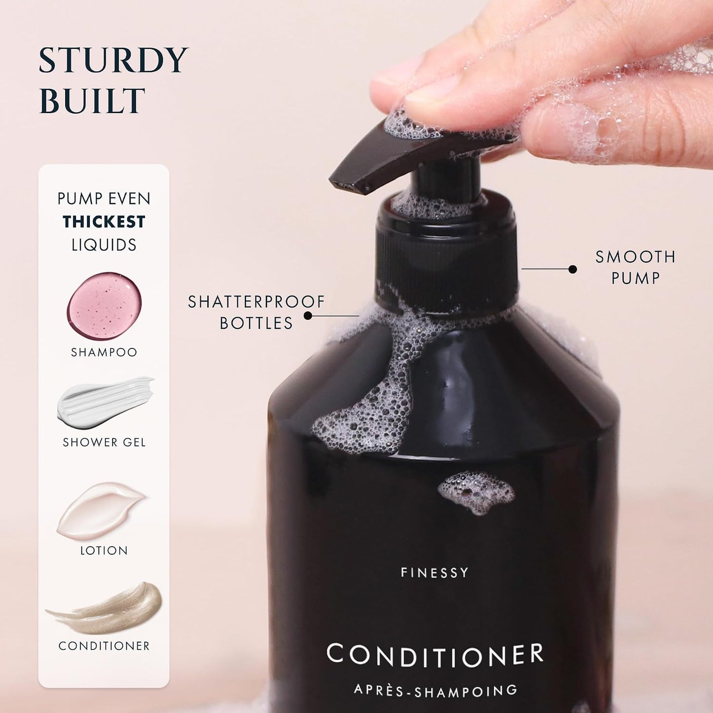 FINESSY Amber Shampoo and Conditioner Dispenser for Shower Wall No Drill | 3 Plastic 17oz Fillable Shower Bottles With Labels. Shower Shampoo Dispenser Wall Mounted. Airbnb Empty Soap Pump Bottles.