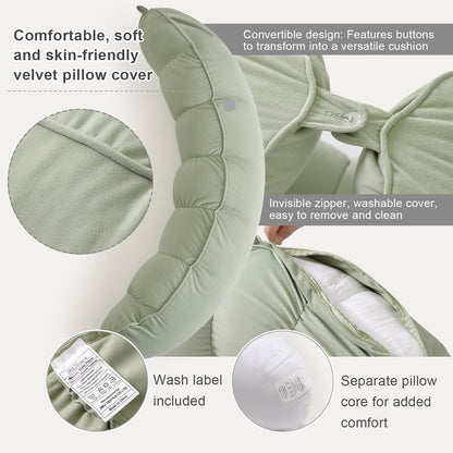 Peallow(Pat. Pend) – Long Round Body Pillow for Adults, Bolster Pillow for Sleeping, Soft and Supportive Pillow for Sleeping & Lumbar Support (Green-White, 29.5")