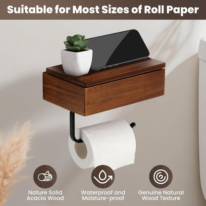Toilet Paper Holder Walnut Wood Shelf - Wall Mount & Self-Adhesive | Bathroom Tissue Holder, Black Stainless Steel with Walnut Shelf for Phone - Home Apartment Restroom Decor Essentials