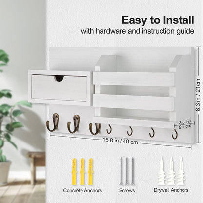 Lwenki Wall Mount Key Holder with Mail Organizer, 100% Paulownia Wood, 7 Metal Hooks, Storage Drawer, Entryway Home Decor (Brown)