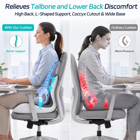 Back and Seat Cushion for Office, Back & Tailbone Pain Relief, Raised Cushion for Lumbar and Butt, Double-Sided Anti-Slip, Improves Sitting Posture, Ergonomic Memory Foam Lumbar Cushion