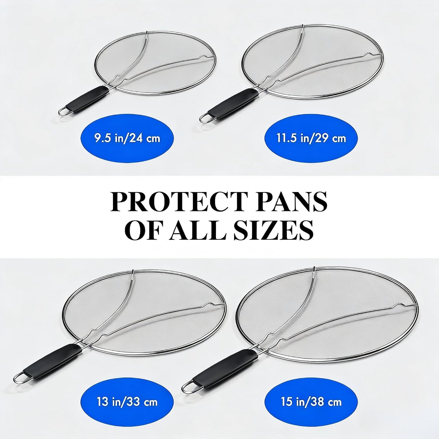 Stainless Steel Splatter Guard Fine Mesh For Pots Frying Pans(15in) | Rust-proof metal mesh blocks oil splashes while venting steam, heat-insulated grip, dishwasher safe, hangable flat storage