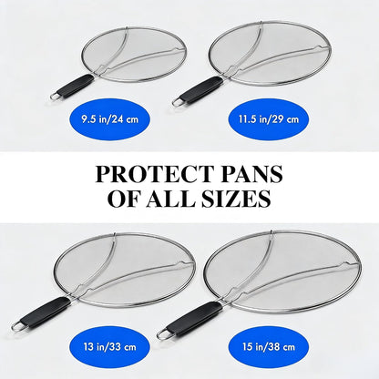Stainless Steel Splatter Guard Fine Mesh For Pots Frying Pans(15in) | Rust-proof metal mesh blocks oil splashes while venting steam, heat-insulated grip, dishwasher safe, hangable flat storage