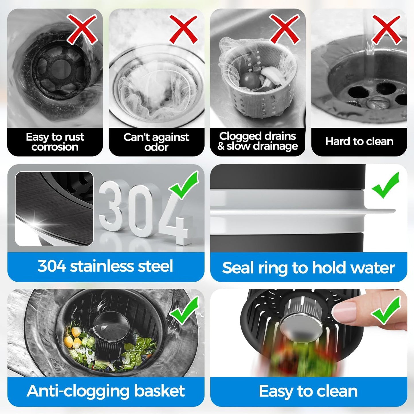 3 in 1 Kitchen Sink Drain Strainer Stopper Removable Basket Pop-Up | Kitchen Sink Food Strainer 1 Pack Silver Stainless - Food Catcher, Odor-Block Seal, Fits 3.5" Drain, Easy Clean