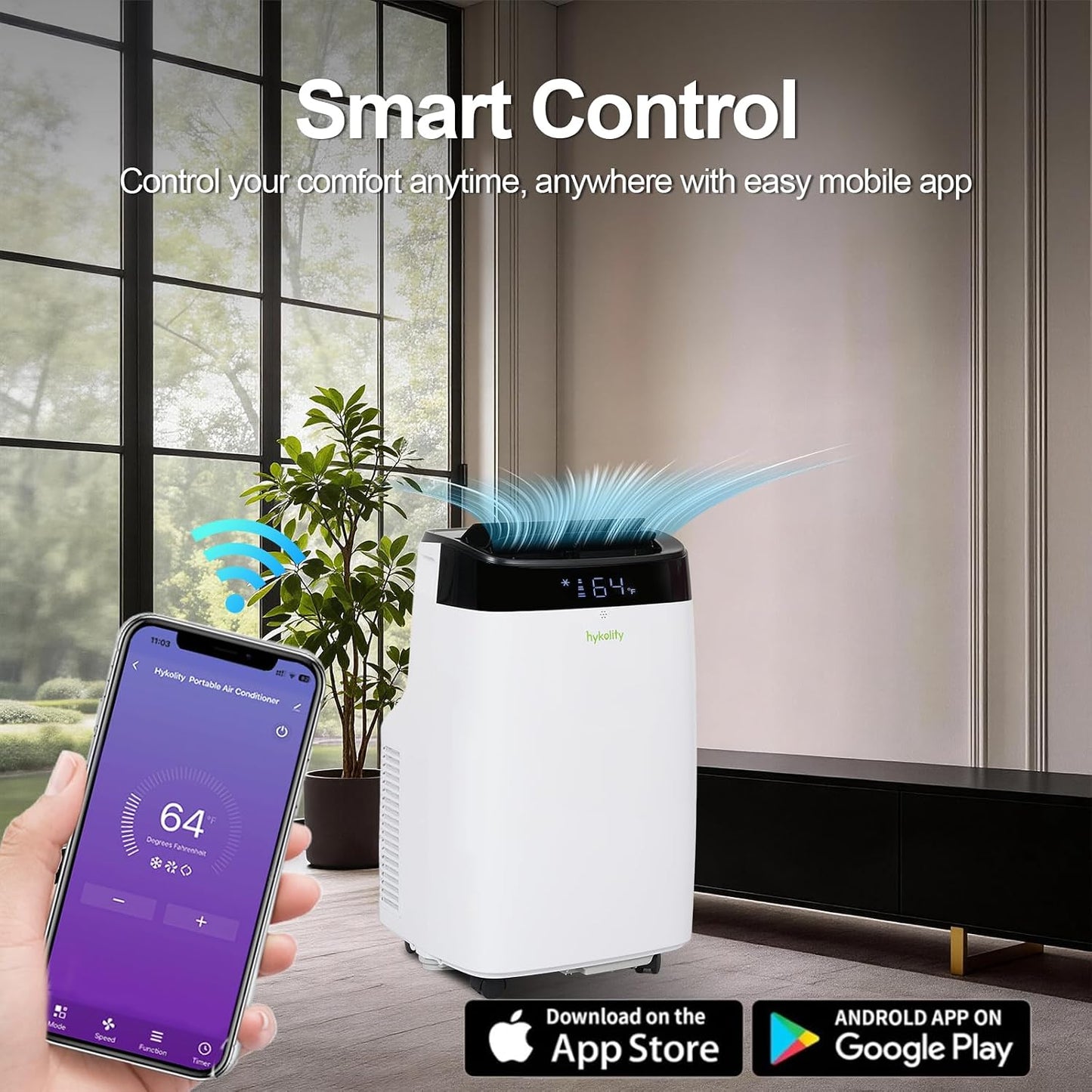 Hykolity WiFi Enabled Portable Air Conditioners 10,000 BTU, Cools Rooms Up To 450 Sq.Ft, 45dB Dual Motor 5 in 1 Quiet Smart AC Unit with Cool, Fan, Dehumidifier, 24H Timer & Sleep Mode