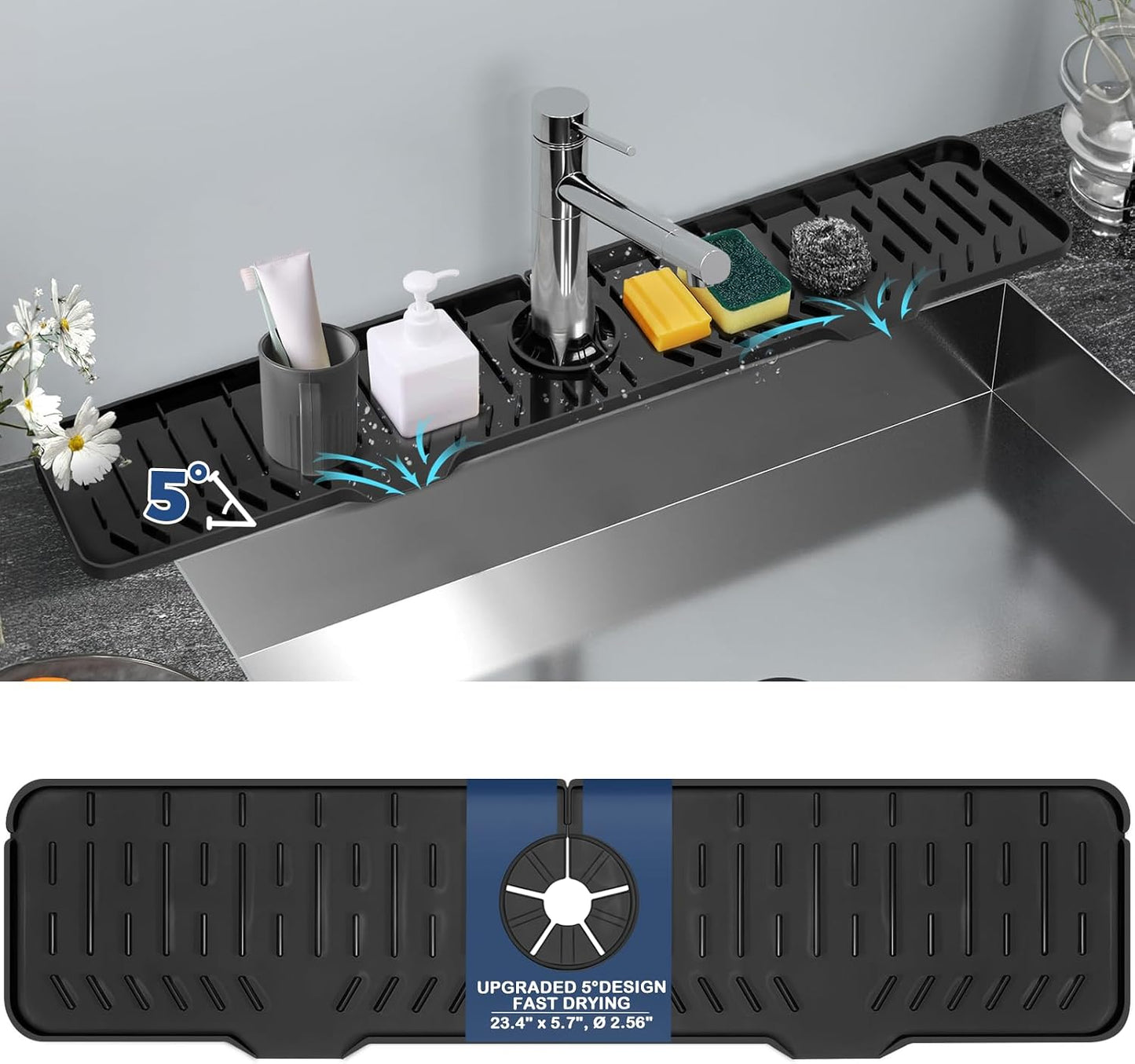 BFONS Silicone Faucet Handle Drip Catcher Drying Tray Mat Dish Soap Sponge Holder Accessories Gadgets for Kitchen Counter Bathroom Kitchen Sink Splash Guard -Grey