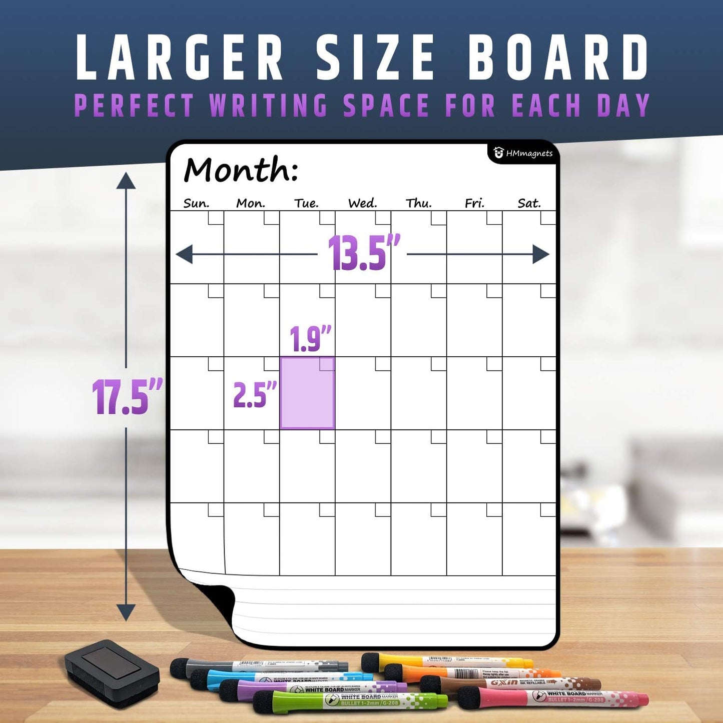 Large Dry-Erase Magnetic Monthly Calendar + Free Bonus: 3 Grocery/to-Do List Whiteboards (Organizer/Planner) for Kitchen Fridge - Full Set: 8 Markers + Eraser | Stain Free | Horizontal