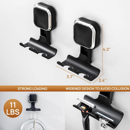 Razor Holder for Shower 2 Pack, Powerful Vacuum Suction Cup Hook for Towel, Loofah, Razor, Squeegee, Damage-Free Wall Shower Hook, Shaver Holder for Bathroom, Easy to Install and Reuse, Black